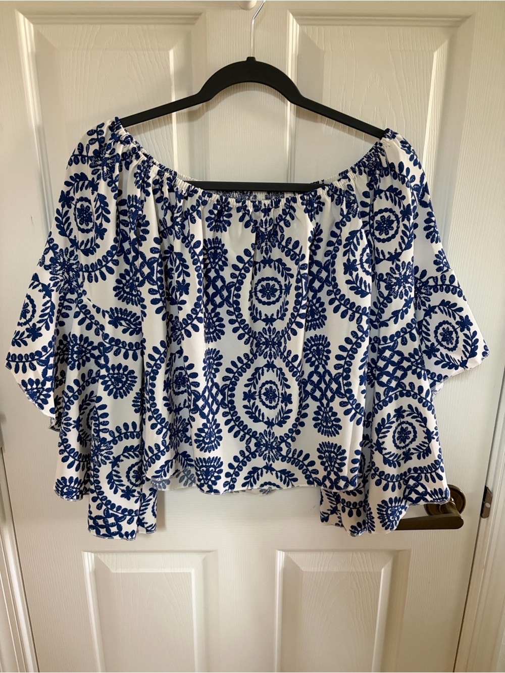 Off-Shoulder White Top with Blue Medallion Print